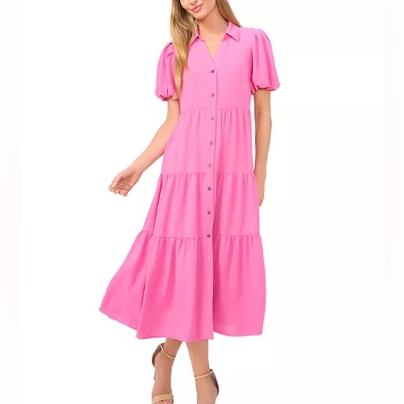 CeCe XL Pink Short Sleeve Tiered Maxi Shirt Dress - Picture 1 of 8